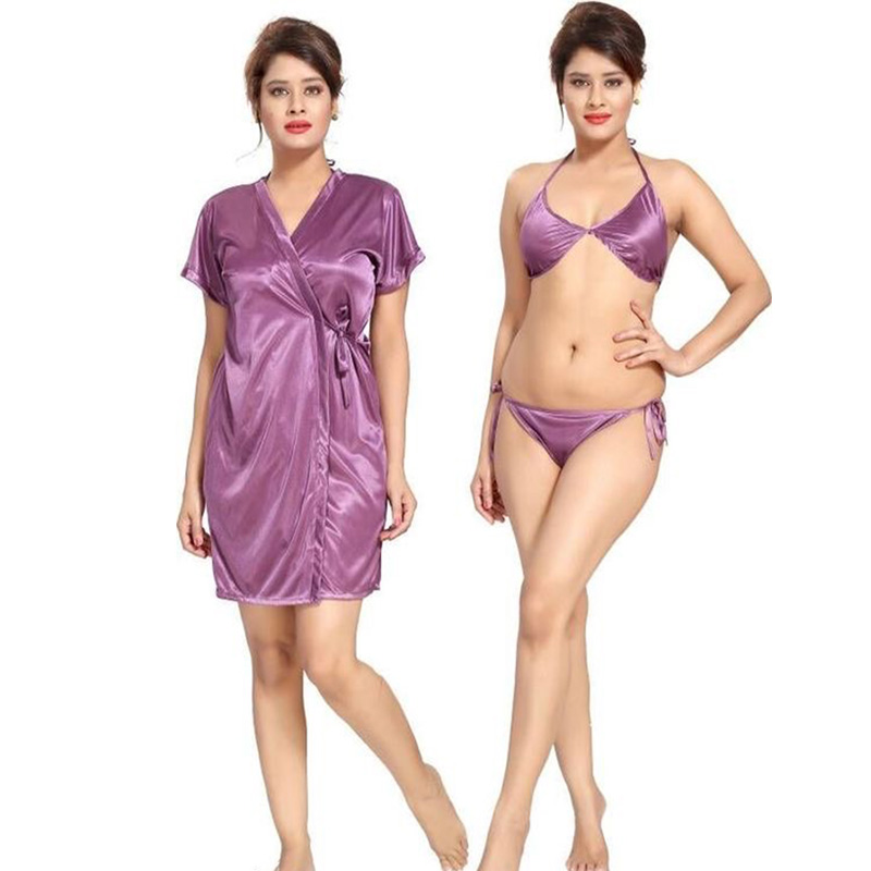 Women Fancy Satin Bra & Panty Lingerie Set with Robe | Free Size